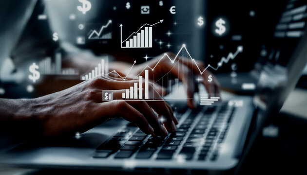 A person's hands typing on a laptop keyboard, with various financial and business icons and graphs overlaid on the image, suggesting an analysis or planning of financial data