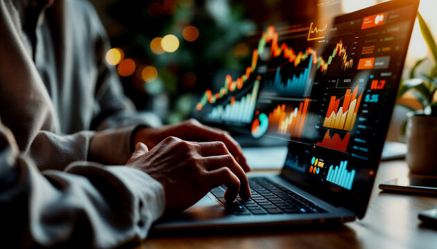 A person's hands typing on a laptop keyboard, with various financial and business icons and graphs overlaid on the image, suggesting an analysis or planning of financial data