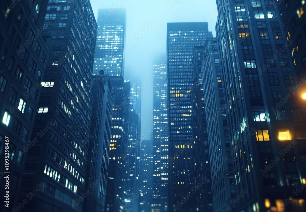 Poster atmospheric urban skyline at dusk with fog and illuminated skyscrapers creating a mystical glow in a