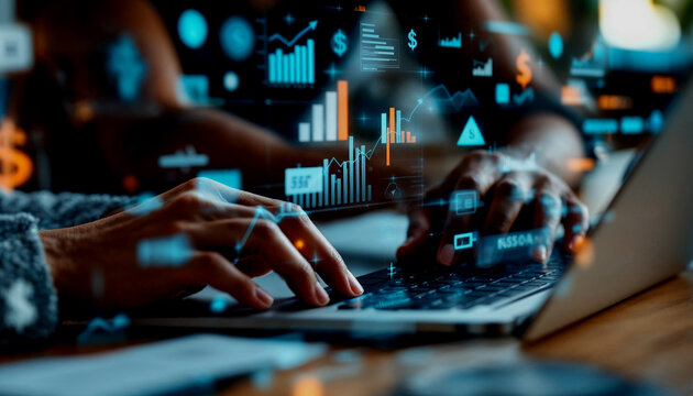 A person's hands typing on a laptop keyboard, with various financial and business icons and graphs overlaid on the image, suggesting an analysis or planning of financial data