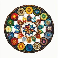 Circular mandala; vibrant colors; intricate design.