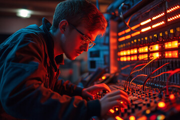 Young technician working on electronic equipment with illuminated controls. Generative AI