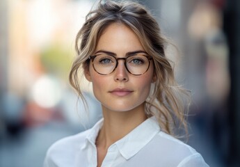 Beautiful young woman with blonde hair wearing stylish glasses and a white shirt, confidently posing outdoors in a vibrant urban environment with soft blurred background