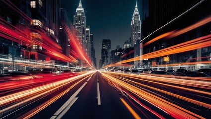 Fototapeta premium Night cityscape with vibrant light trails from speeding vehicles, creating a dynamic and energetic atmosphere. Tall buildings loom in the background.