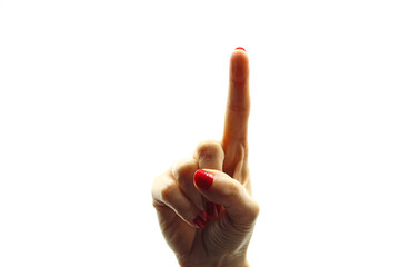 Woman's hand with index finger facing up. Pointing to number one.