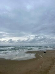 cloudy seascape, sandy shore, empty wild beach, clouds and waves