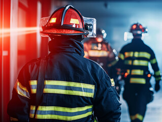 Fire alarm warning response concept. Firefighter in uniform with helmet, responding to emergency situation