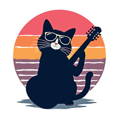 Cat Music Retro Sunset T-Shirt Design – 80s & 90s Vintage Style