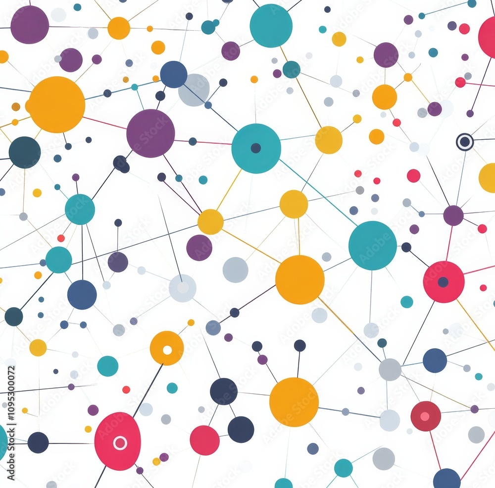 Poster vector background of interconnected circles and dots representing network connections on a white bac