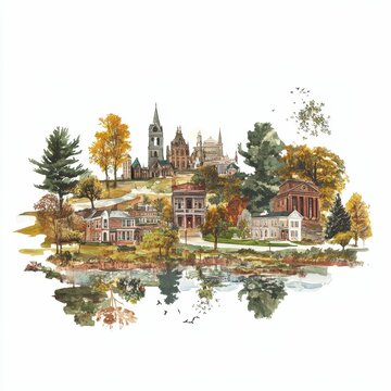Autumnal town, buildings, trees, water reflection.