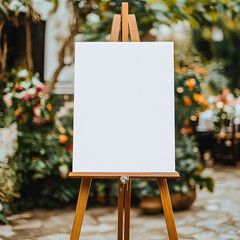 A blank white welcome sign mockup, size is 24 by 36 inches in portrait orientation, on an easel during a wedding party.