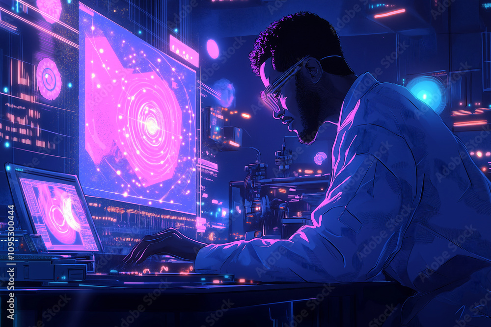 Aufkleber scientist explores advanced technology in a high-tech lab at night. generative ai