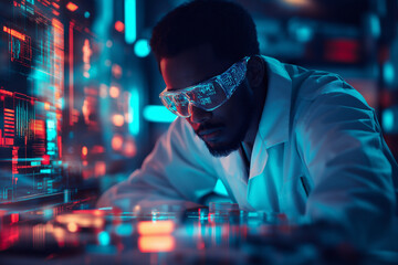 Scientist analyzing data in a futuristic lab with glowing screens. Generative AI