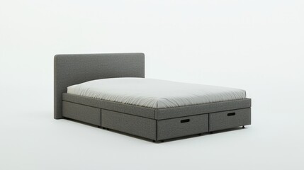 Modern minimalist grey bed with underbed storage on white background