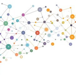 Vector background of interconnected circles and dots representing network connections on a white background, with a colorful palette of light grey, yellow, blue-green, orange, purple, and pink