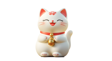 A cute 3D illustration of a white Maneki-neko (lucky cat) with a smiling face, holding a golden bell and wearing a red collar. Traditional Japanese figurine symbolizing good luck and fortune.