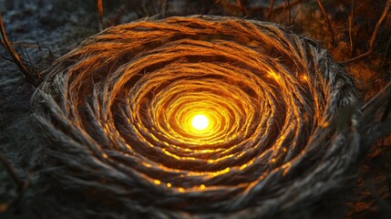 A glowing nest made of twine, radiating warm light from its center, creating a mystical ambiance.