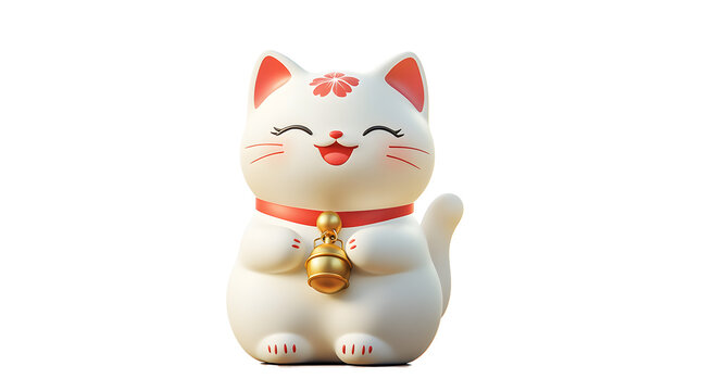 A cute 3D illustration of a white Maneki-neko (lucky cat) with a smiling face, holding a golden bell and wearing a red collar. Traditional Japanese figurine symbolizing good luck and fortune.