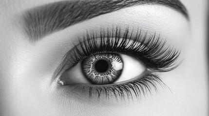 Close-up monochrome shot of a woman's eye with long eyelashes.