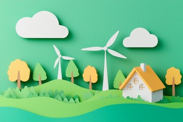Naklejka premium Art made from paper, renewable energy including wind turbines, carbon-neutral energy by 2050, energy use and CO2 emissions, and the idea of cutting down CO2 emissions.