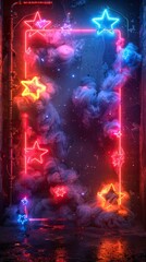 Obraz premium Stars decorated neon glowing empty frame for text, festive shining particles, Vibrant neon border illuminated, holiday promotions, birthday announcements, and sales events with copy space