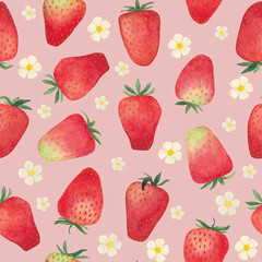 Watercolor seamless pattern of strawberry on pink background. The cute suitable for children's print, clothes, wrapping paper, napkins, tablecloths