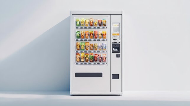 Blank white vending machine mockup illustration with snacks and drinks, isolated on white background