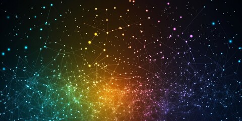 Fototapeta premium Vector background with connected dots and lines in white, grey, orange, blue, green, purple, and yellow, symbolizing digital connections and social media networks, with small colorful circles 