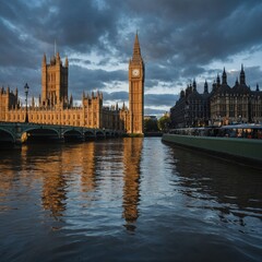 Fototapeta premium The Palace of Westminster in London, England, with its Gothic architecture reflected in the River Thames.
