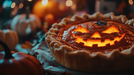 Pumpkin Pie with a Jack-o'-Lantern Face Glowing in the Dark