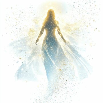 Radiant woman, celestial gown, shimmering stardust.