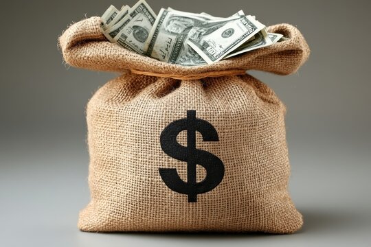 Photo of a burlap money bag with a dollar sign placed on a rustic wooden table.