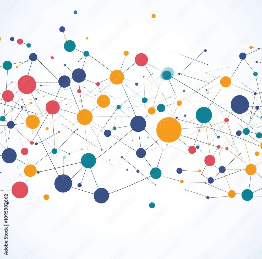 Poster vector graphic of network connections and colorful geometric circles on a white background