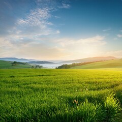 Fototapeta premium Green Field Beautiful Mount Sky and River Background AI Image