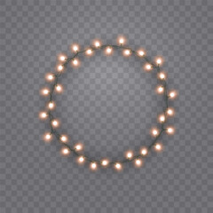 Lights bulbs isolated on transparent background. Glowing round frame, fairy Christmas garland string. Vector circle New Year party led lamps decoration