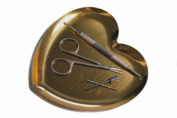Tools for making nails in beauty parlor - scissors, cutter on a gold heart-shaped stand