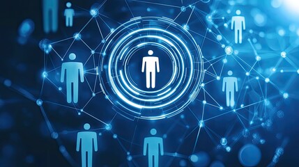 A digital target icon with interconnected silhouettes of people, symbolizing recruitment and talent acquisition strategy in a modern workspace.