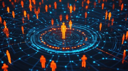A digital target icon with interconnected silhouettes of people, symbolizing recruitment and talent acquisition strategy in a modern workspace.
