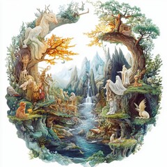 Obraz premium Whimsical fantasy landscape, waterfall, mythical creatures.