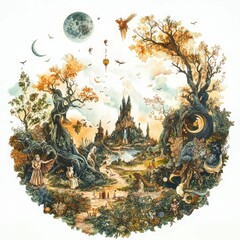 Whimsical watercolor, fairytale castle, enchanted forest.