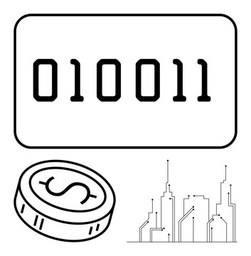 Binary code sequence, dollar coin, simplified city skyline. Ideal for finance, technology, digital currency, blockchain, data economy computing urban development. Line metaphor