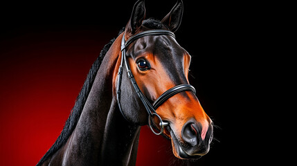 A striking close-up of a horse's head with a dark background, showcasing its features and bridle with dramatic lighting.