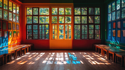 Colorful classroom with sunlight streaming through large windows and casting shadows