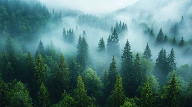 Misty Mountain Forest Trees Enveloped In Fog - Powered by Adobe