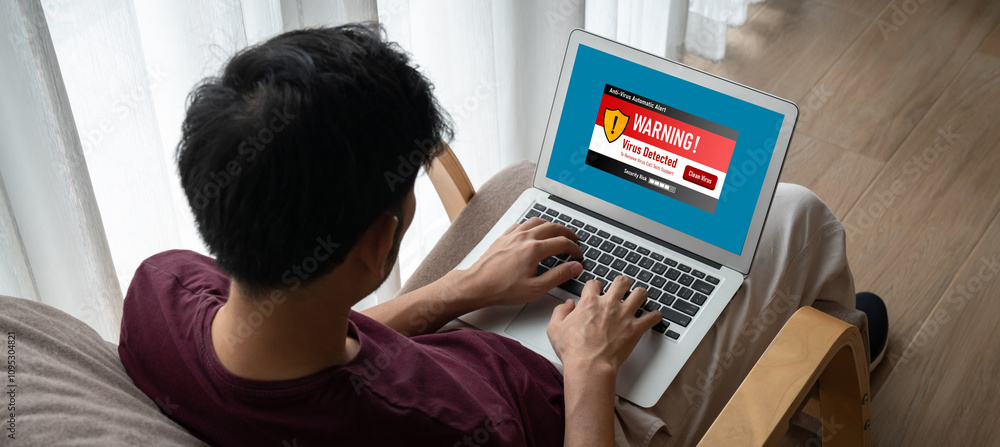 Poster virus warning alert on computer screen detected modish cyber threat , hacker, computer virus and mal
