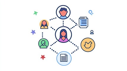 A group of icons connected by dotted lines, focusing on a selected candidate, representing recruitment and networking.