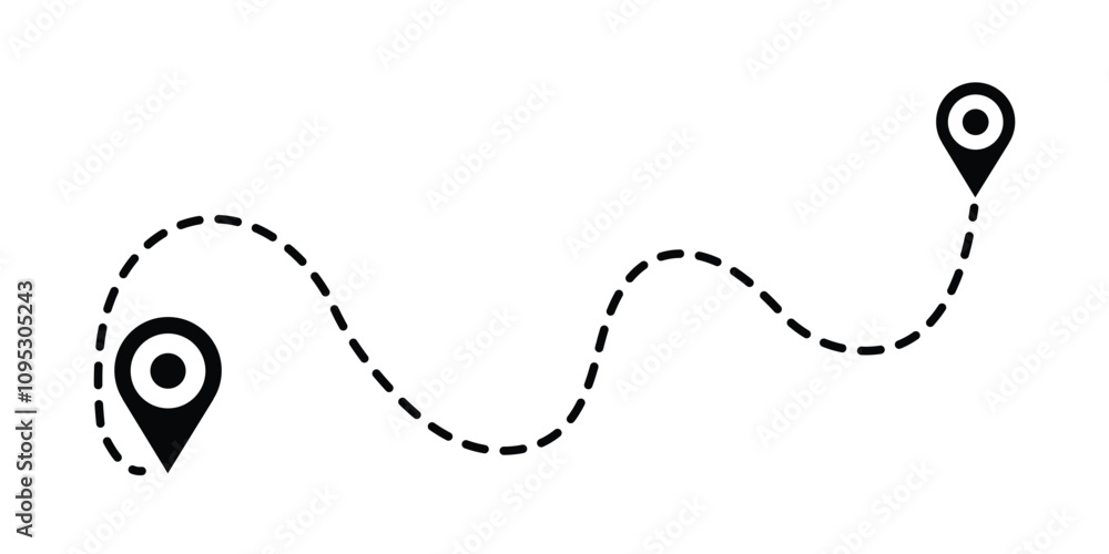 Poster route icon between two points with dotted path and location pin. location pointer continuous one lin