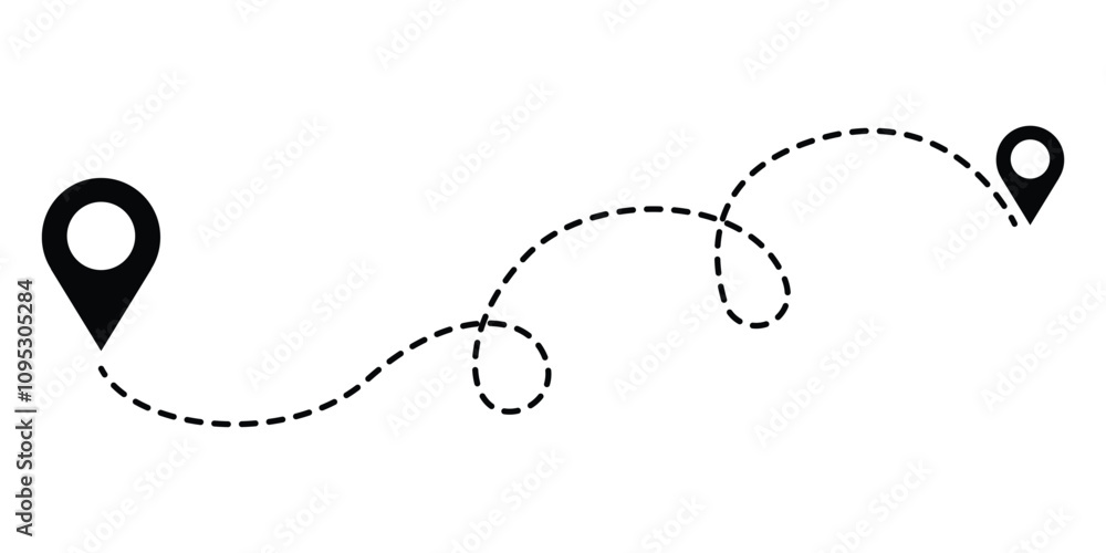 Poster route icon between two points with dotted path and location pin. location pointer continuous one lin