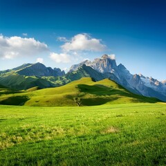 Green Field Beautiful Mount  Sky and River Background AI Image