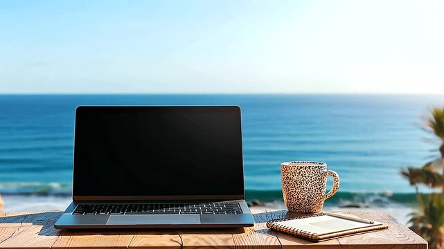 Remote Workspace by the Ocean with Coffee and Notebook